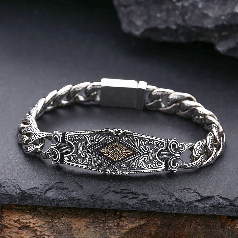 Men’s Sterling Silver Pattern Bracelet | Tang Grass Design, Thick Band