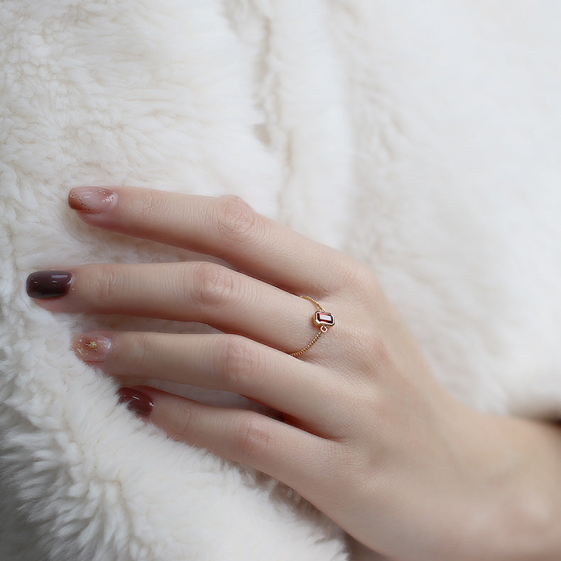 Garnet Chain Ring | Gold-Tone Silver Adjustable Ring for Women