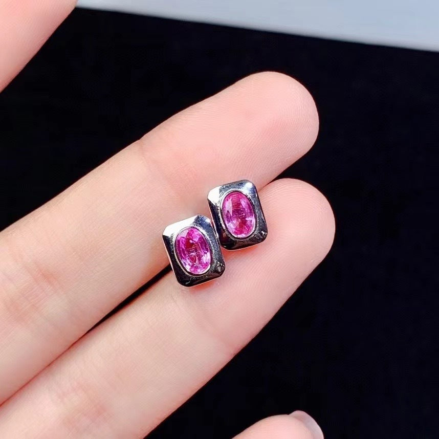 925 Sterling Silver Natural Pink Sapphire Stud Earrings | White Gold Plated Inlaid Gemstone