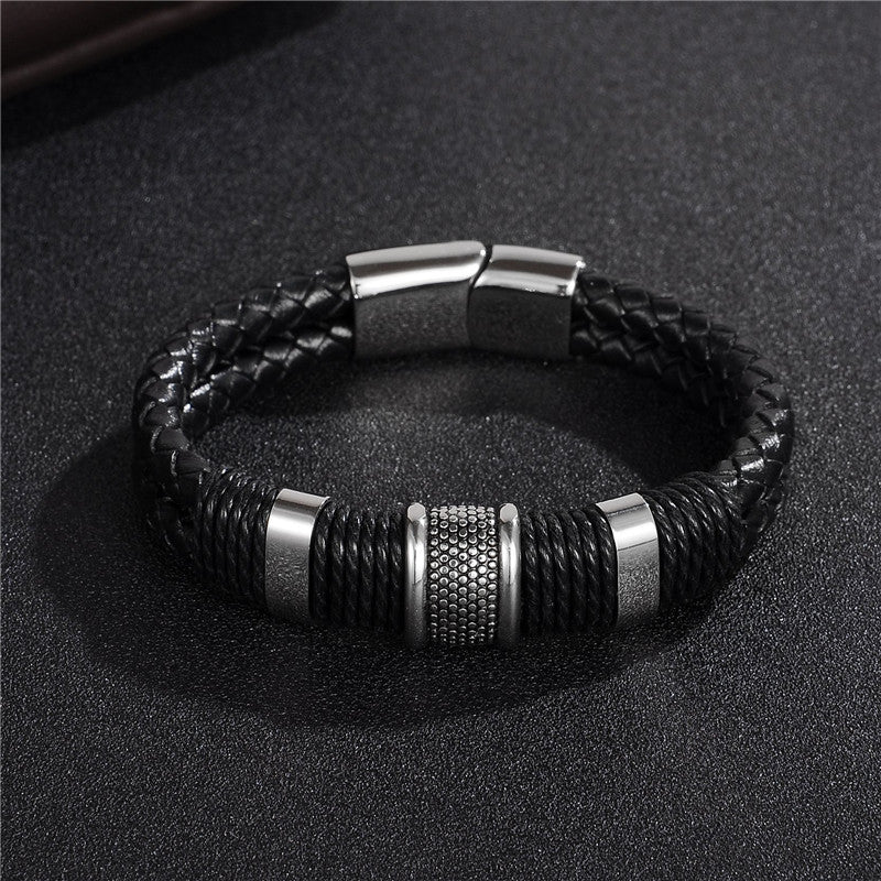 Men’s Leather Bracelet | Black Braided Titanium Stainless Steel Bangle