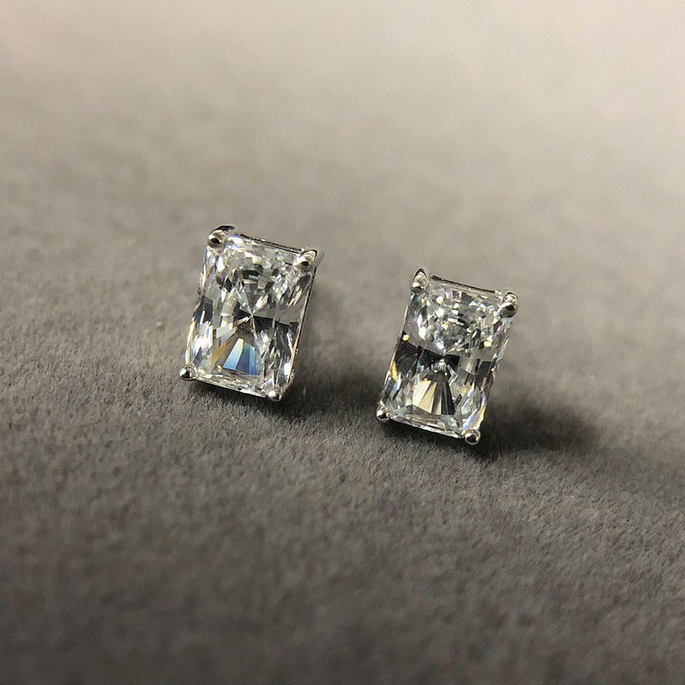 Simulated Diamond Zircon Stud Earrings | Rectangular Four-Prong Setting