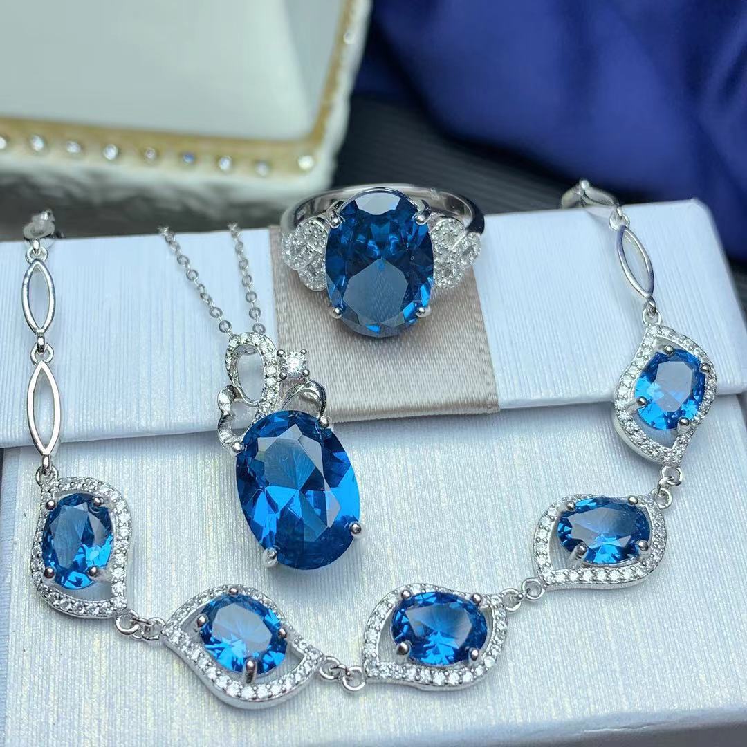 925 Sterling Silver London Blue Topaz Jewelry Set | Elegant Inlaid Design