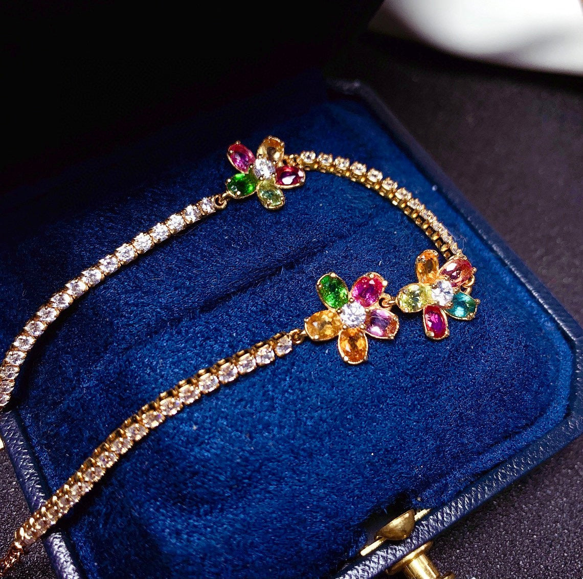 Rainbow Tourmaline Flower Bracelet | S925 Sterling Silver