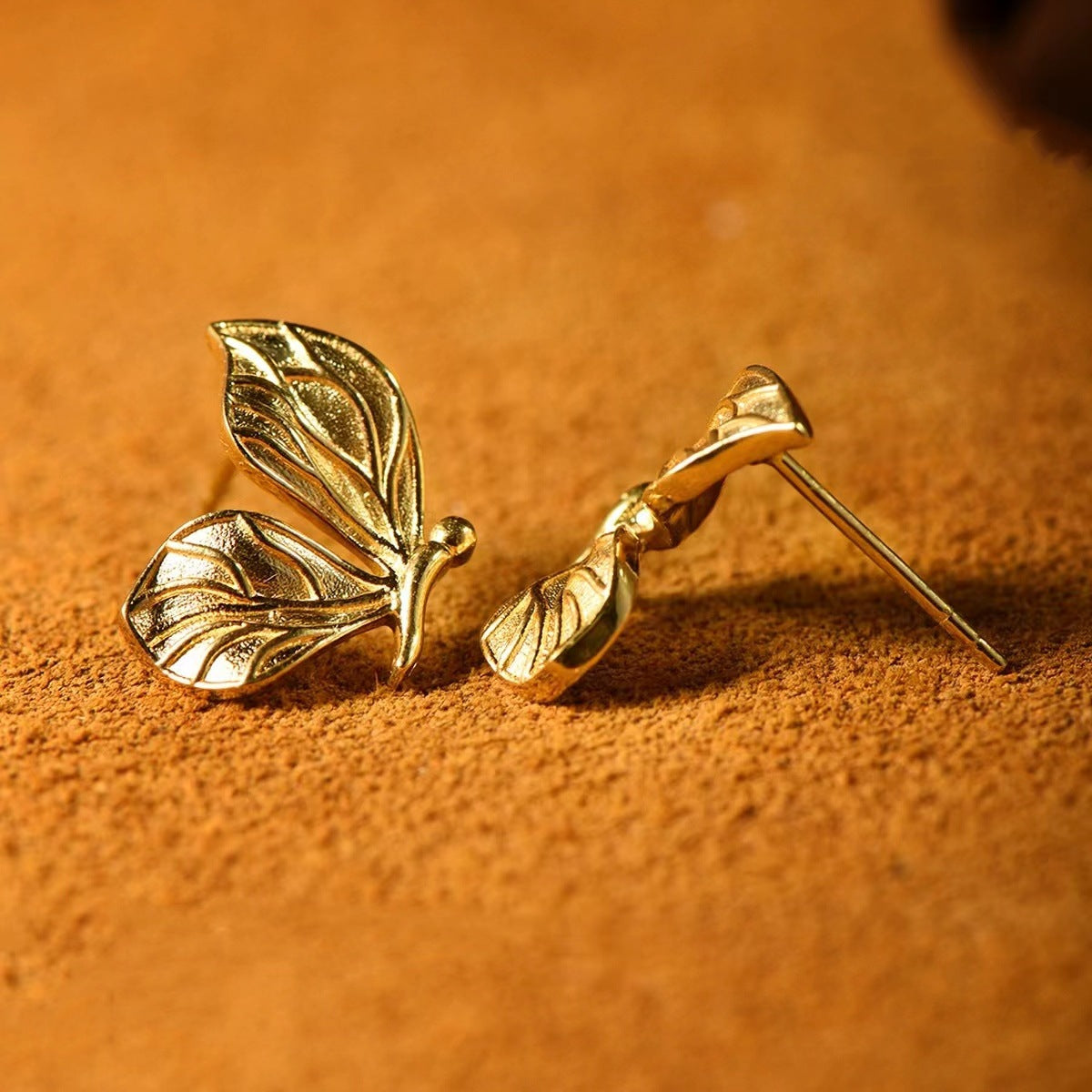 18K Gold Butterfly Stud Earrings | Yellow Leaf Nature-Inspired Ear Studs