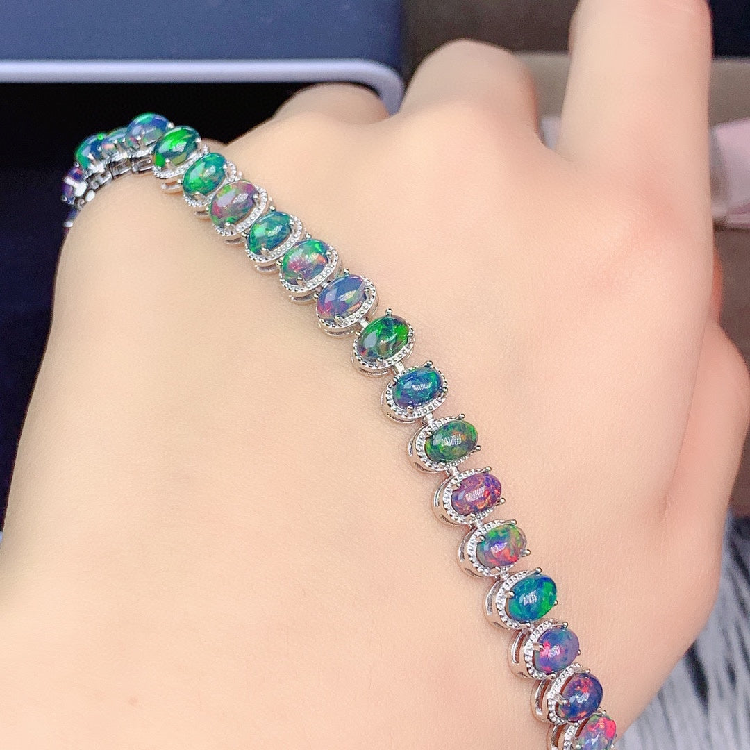 Natural Black Opal Tennis Bracelet in 925 Sterling Silver – Iridescent Fire