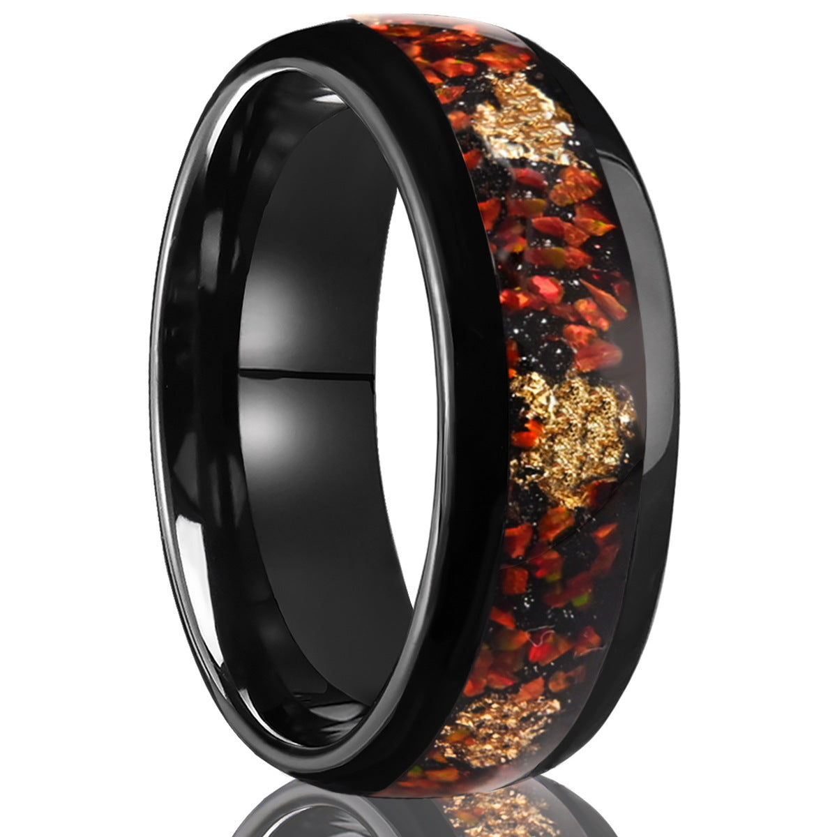 Men’s Black Tungsten Ring with Red Opal & Gold Leaf Inlay