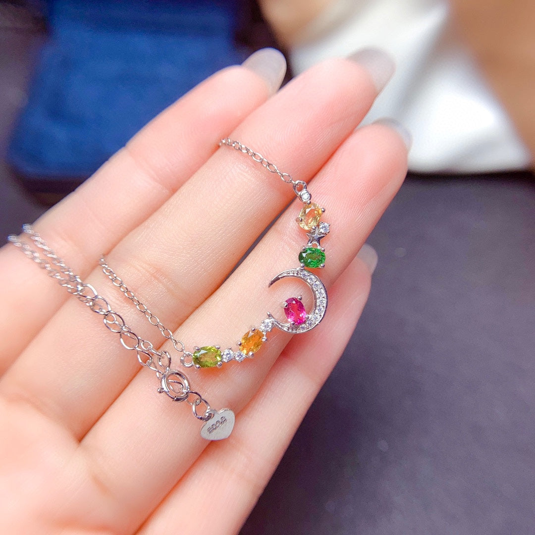 Rainbow Tourmaline Crescent Moon Necklace in 925 Sterling Silver