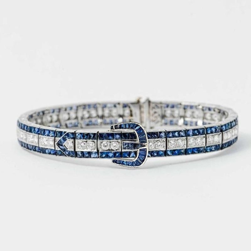 925 Sterling Silver Sapphire & Diamond-Style Statement Bracelet