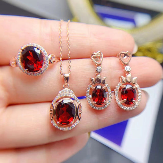 Natural Garnet 925 Silver Jewelry Set | Stud Earrings, Necklace & Ring