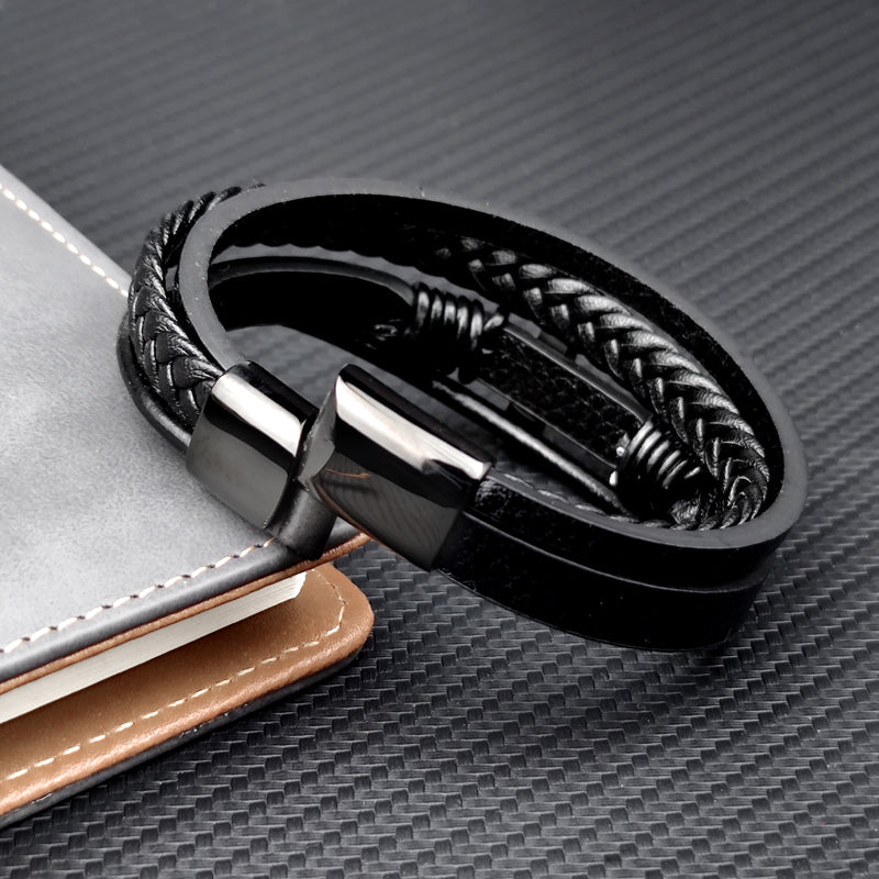 Men’s Stainless Steel Cross Leather Bracelet | Brown & Black Hip-Hop Jewelry