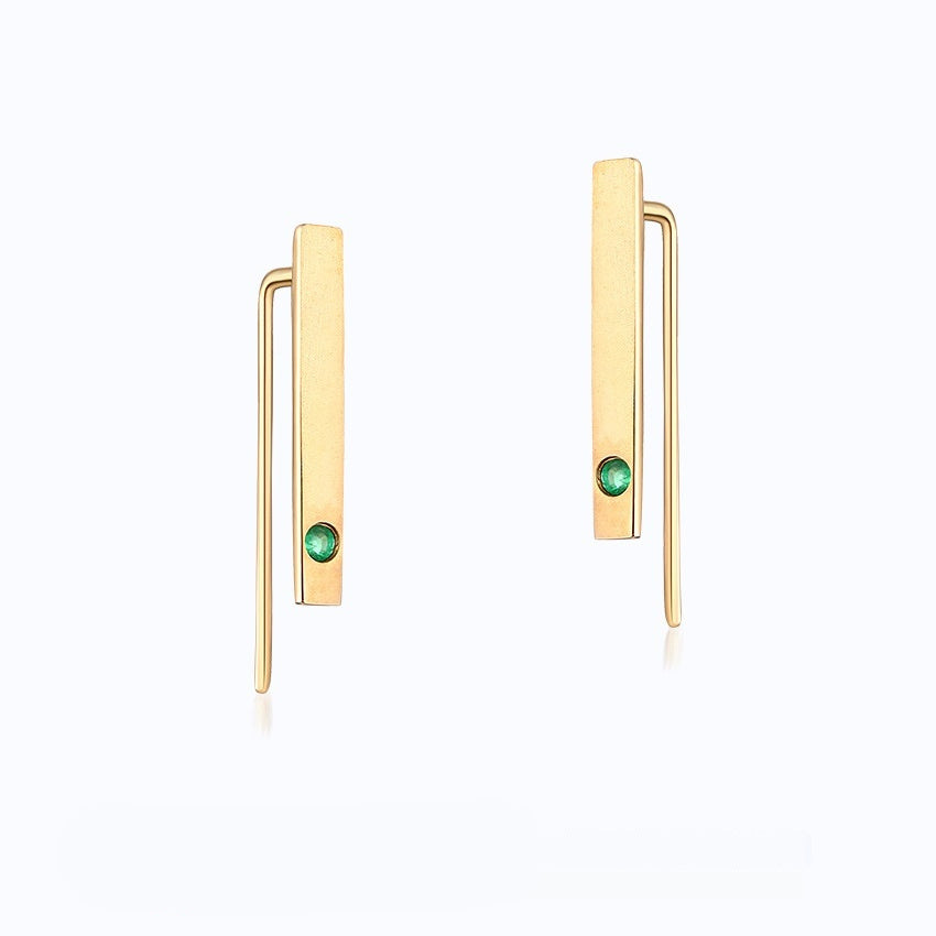 Natural Emerald 14K Gold Minimalist Bar Earrings | Thin Modern Fine Jewelry