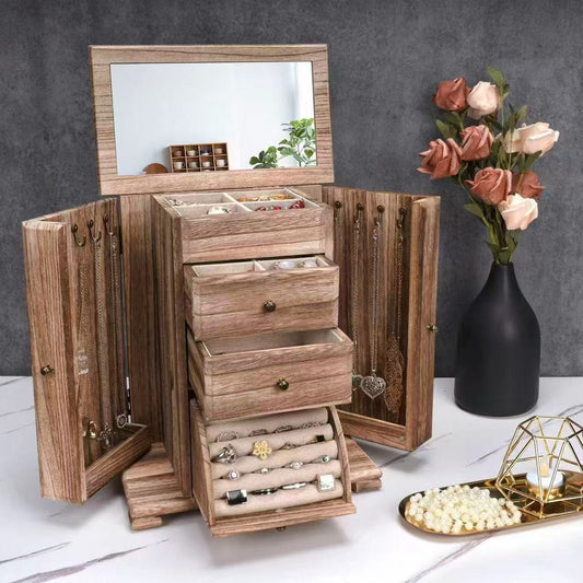 Luxury Wooden Jewelry Armoire | Multi-Tier Storage Chest with Mirror