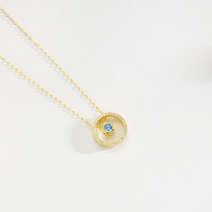 S925 Sterling Silver Circle Diamond Pendant Necklace & Blue Eye Stud Earrings Set