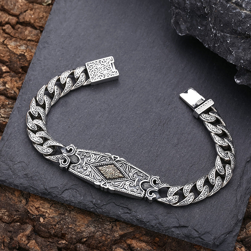 Men’s Sterling Silver Pattern Bracelet | Tang Grass Design, Thick Band