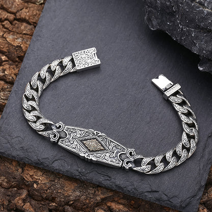 Men’s Sterling Silver Pattern Bracelet | Tang Grass Design, Thick Band