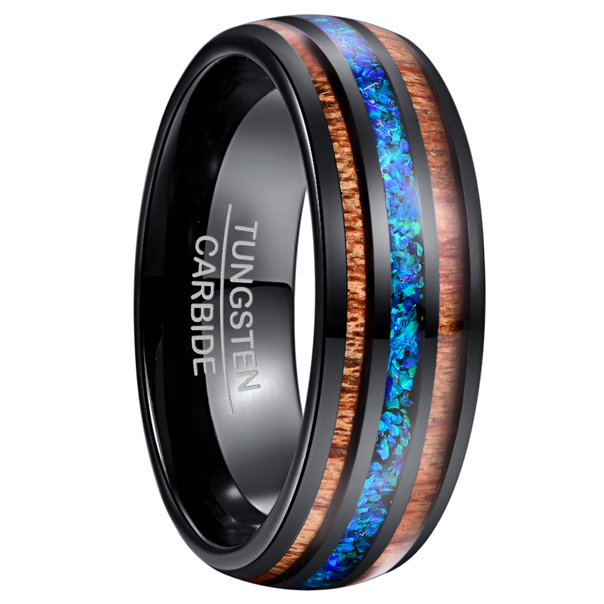 Men’s 8mm Black Tungsten Ring | Acacia Wood & Blue Opal Inlay