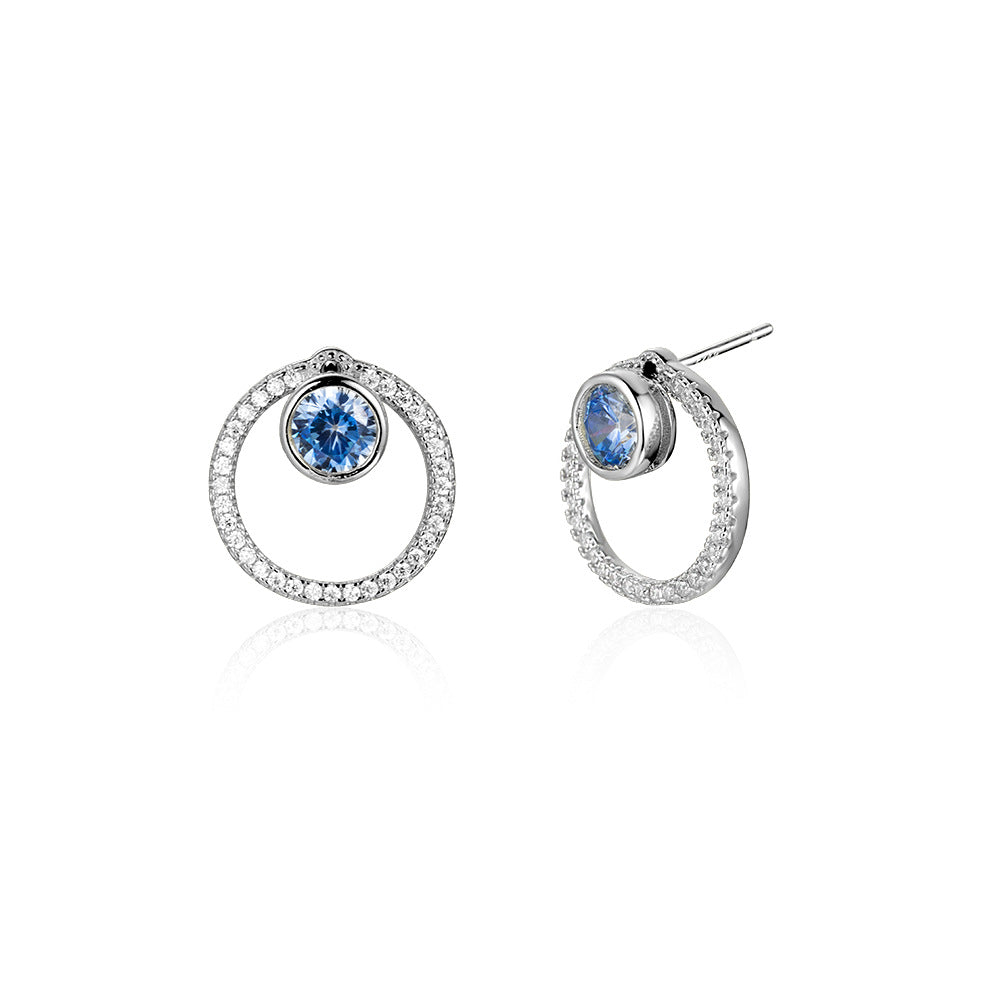 S925 Sterling Silver Circle Diamond Pendant Necklace & Blue Eye Stud Earrings Set