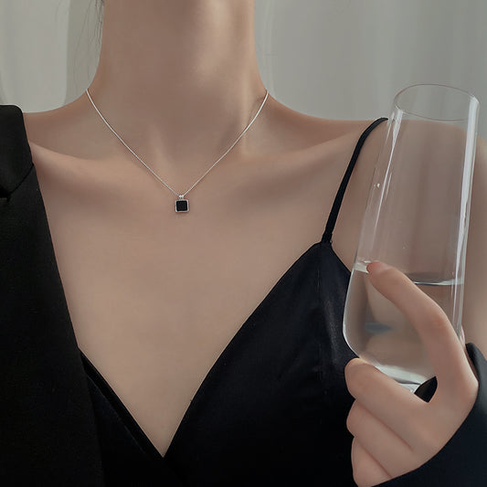 Minimal Black Square Necklace for Women | Sterling Silver Pendant, Modern Elegant Design