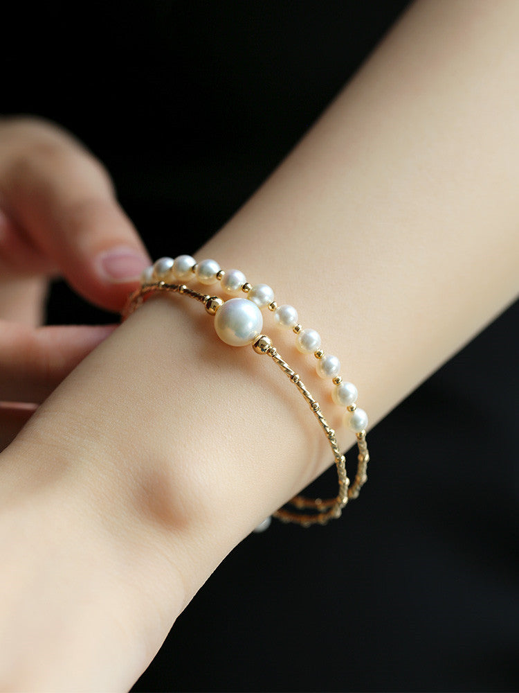 14K Gold-Clad Freshwater Pearl Multi-Layer Bracelet – Elegant Elastic Design
