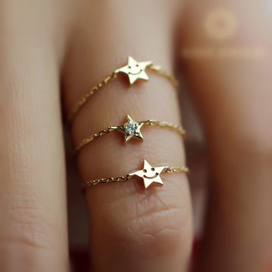 18K Gold-Plated Star Chain Ring with Diamond Accents