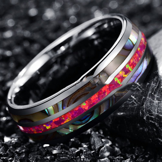 Wide Dome Abalone Shell & Magenta Opal Tungsten Ring | Men’s Statement Wedding Band