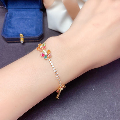 Rainbow Tourmaline Flower Bracelet | S925 Sterling Silver