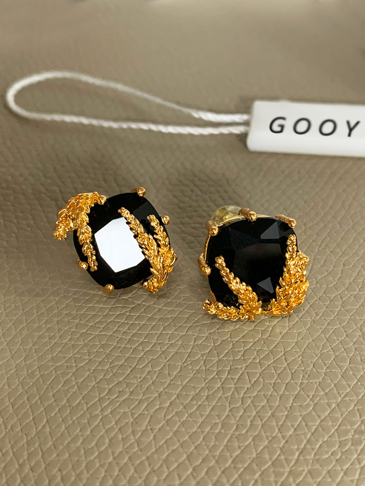 French Light Luxury Obsidian Wheat Earrings | 24K Gold-Plated Brass | Elegant Niche Jewelry