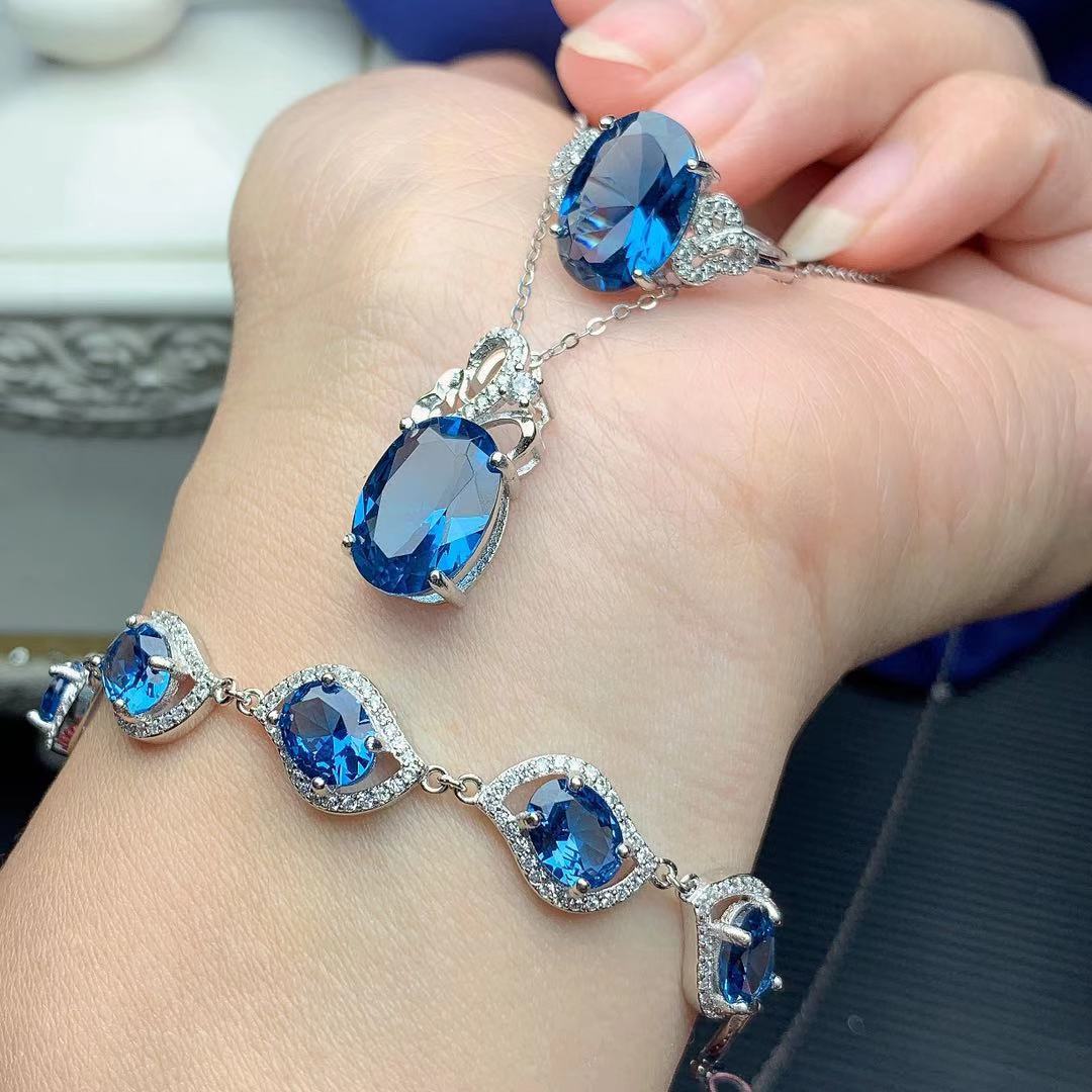 925 Sterling Silver London Blue Topaz Jewelry Set | Elegant Inlaid Design