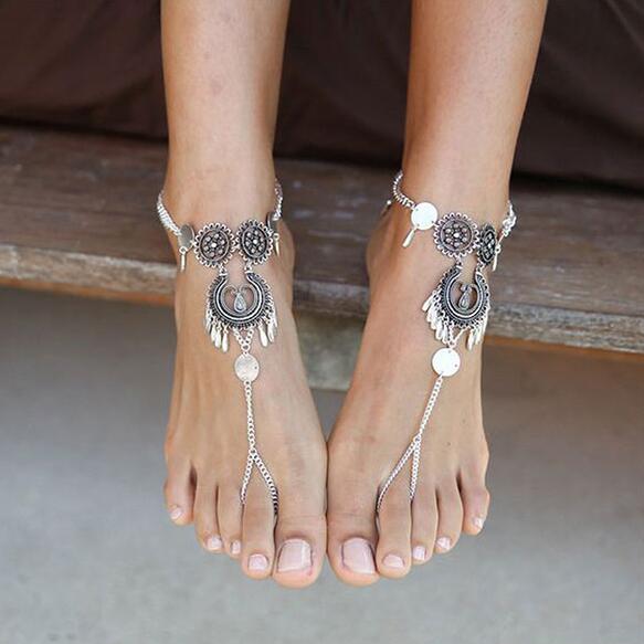 Bohemian Silver Barefoot Sandals | Antique Flower Anklet