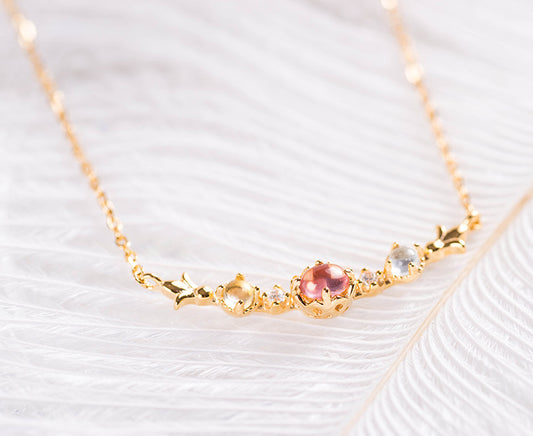 Natural Three-Stone Tourmaline Necklace with Zircon Accents | S925 Sterling Silver, 18K Gold Plated