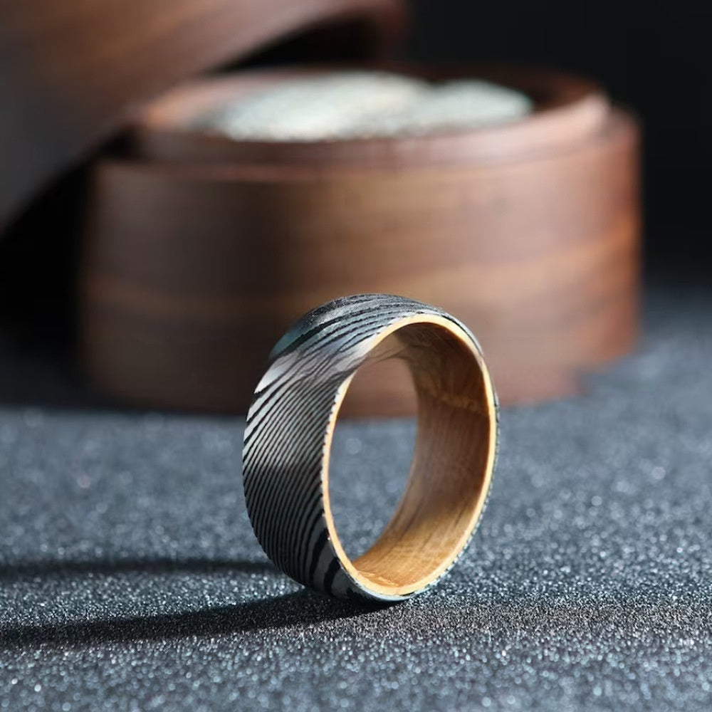 Striped Barrel Wood Inlay Ring | Unisex Modern Statement Jewelry