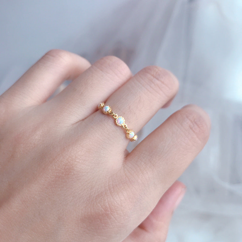 S925 Sterling Silver Gold-Plated Opal Chain Adjustable Ring