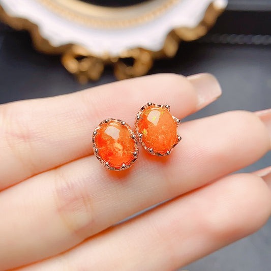 Women’s Orange Fire Opal Stud Earrings | Simple Natural Gemstone Jewelry