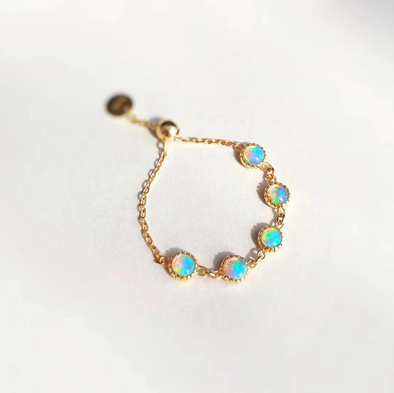 S925 Sterling Silver Gold-Plated Opal Chain Adjustable Ring