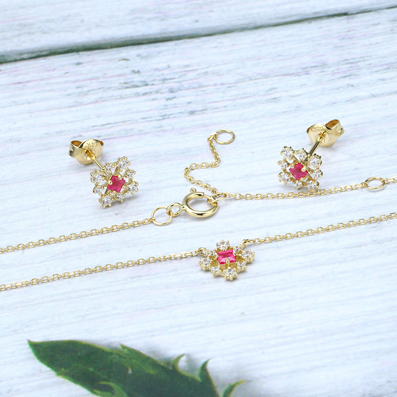 Princess Cut Square Ruby Jewelry Set | Geometric Hollow Necklace & Earrings