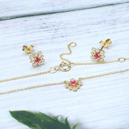 Princess Cut Square Ruby Jewelry Set | Geometric Hollow Necklace & Earrings