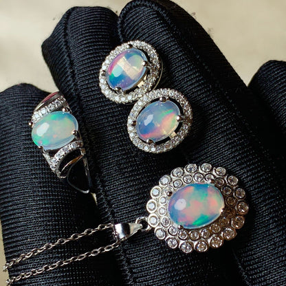 925 Sterling Silver Inlaid Opal Jewelry Set | Simple & Elegant Colored Gem Design