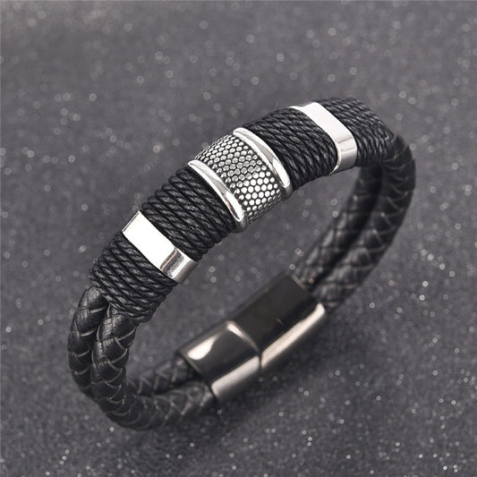Men’s Leather Bracelet | Black Braided Titanium Stainless Steel Bangle