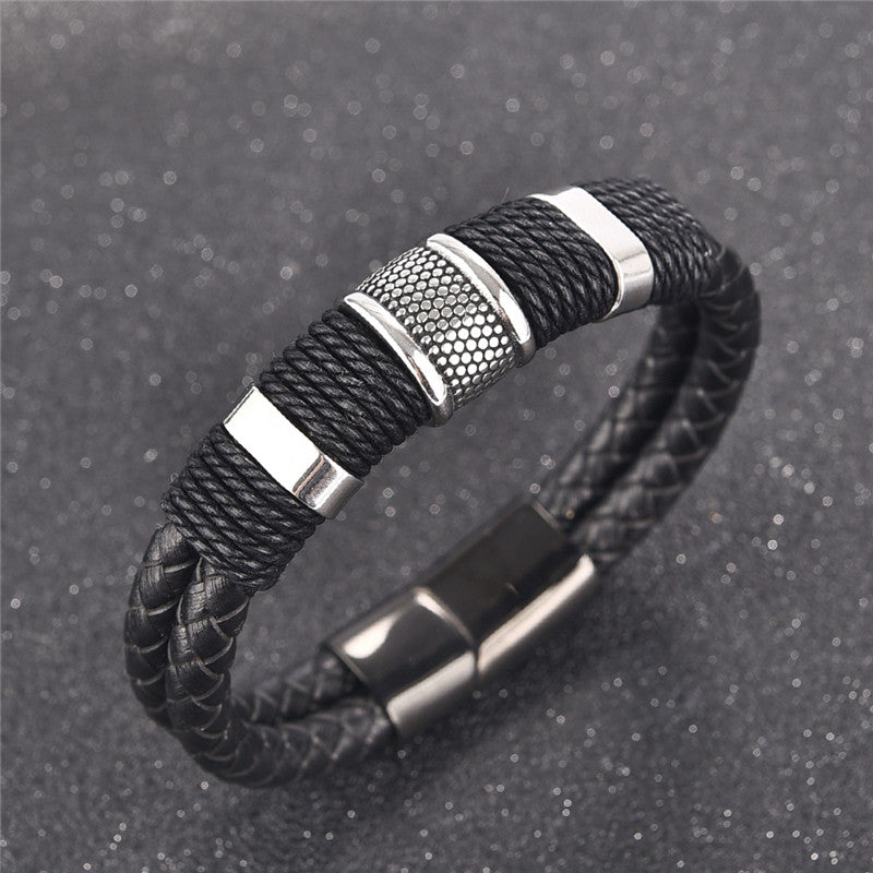 Men’s Leather Bracelet | Black Braided Titanium Stainless Steel Bangle