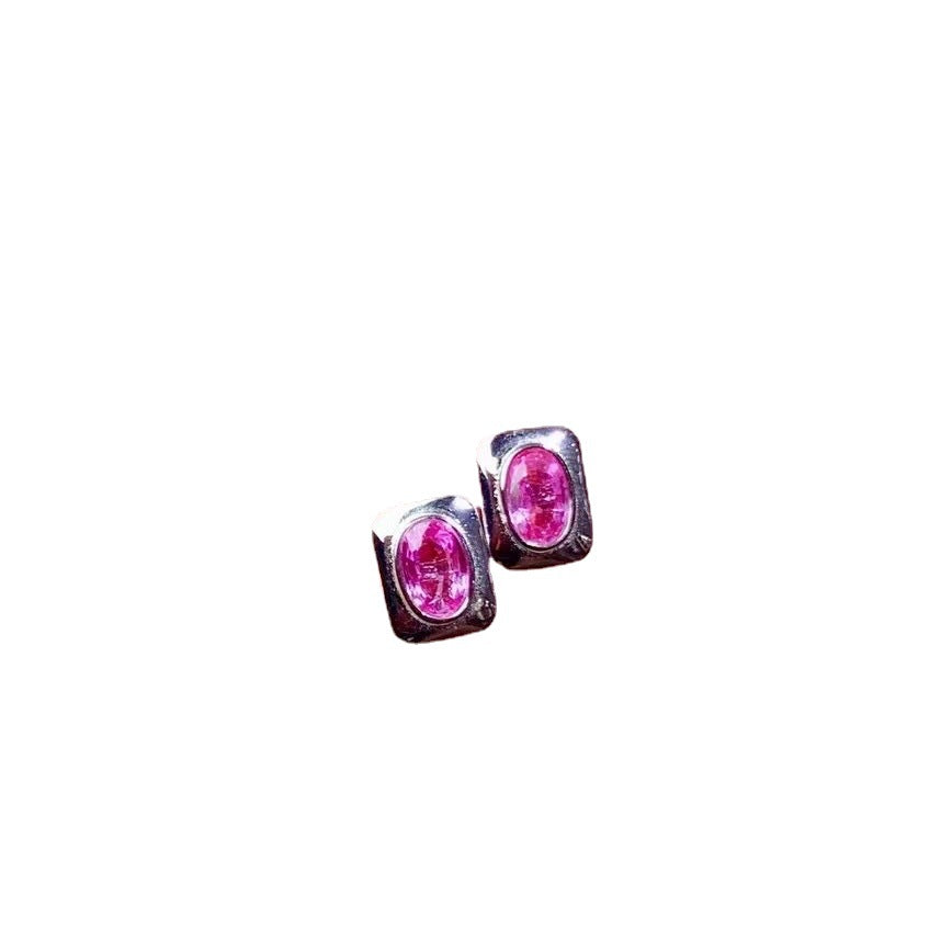 925 Sterling Silver Natural Pink Sapphire Stud Earrings | White Gold Plated Inlaid Gemstone