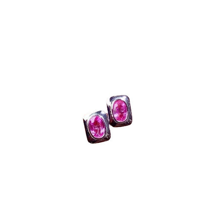 925 Sterling Silver Natural Pink Sapphire Stud Earrings | White Gold Plated Inlaid Gemstone