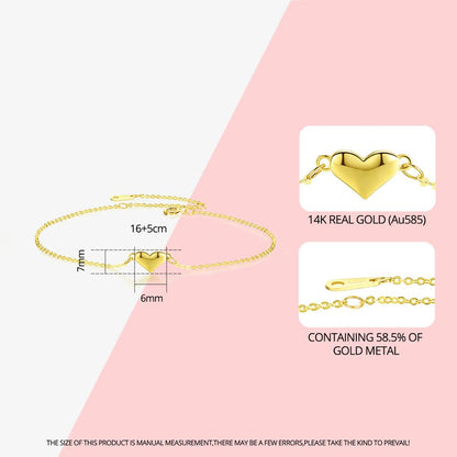 14K Solid Gold Heart Chain Bracelet