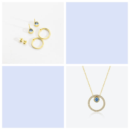 S925 Sterling Silver Circle Diamond Pendant Necklace & Blue Eye Stud Earrings Set