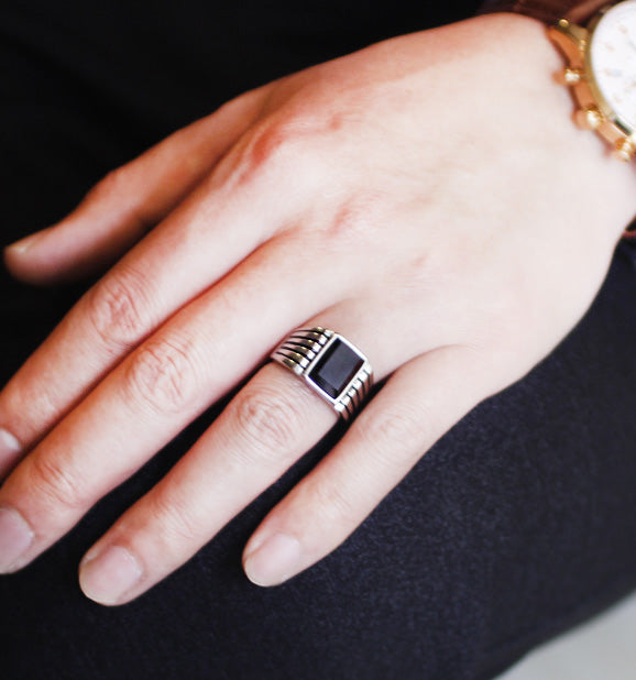 Men's Black Agate Ring | Sterling Silver Jewelry