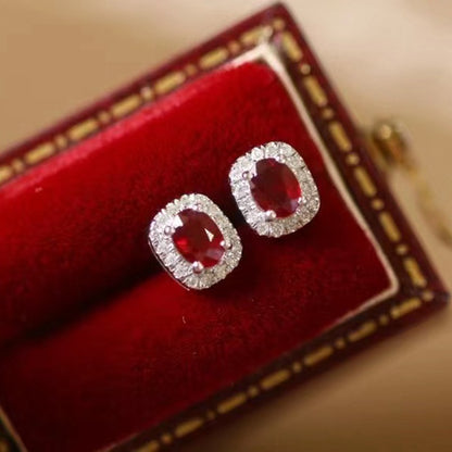 Real Gold Natural Ruby Diamond Stud Earrings | Pigeon Blood Red Halo Design