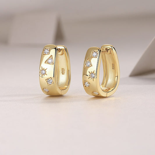 Star Track Moissanite Huggie Earrings | S925 Sterling Silver, 18K Gold Electroplated | Geometric Luxury Studs