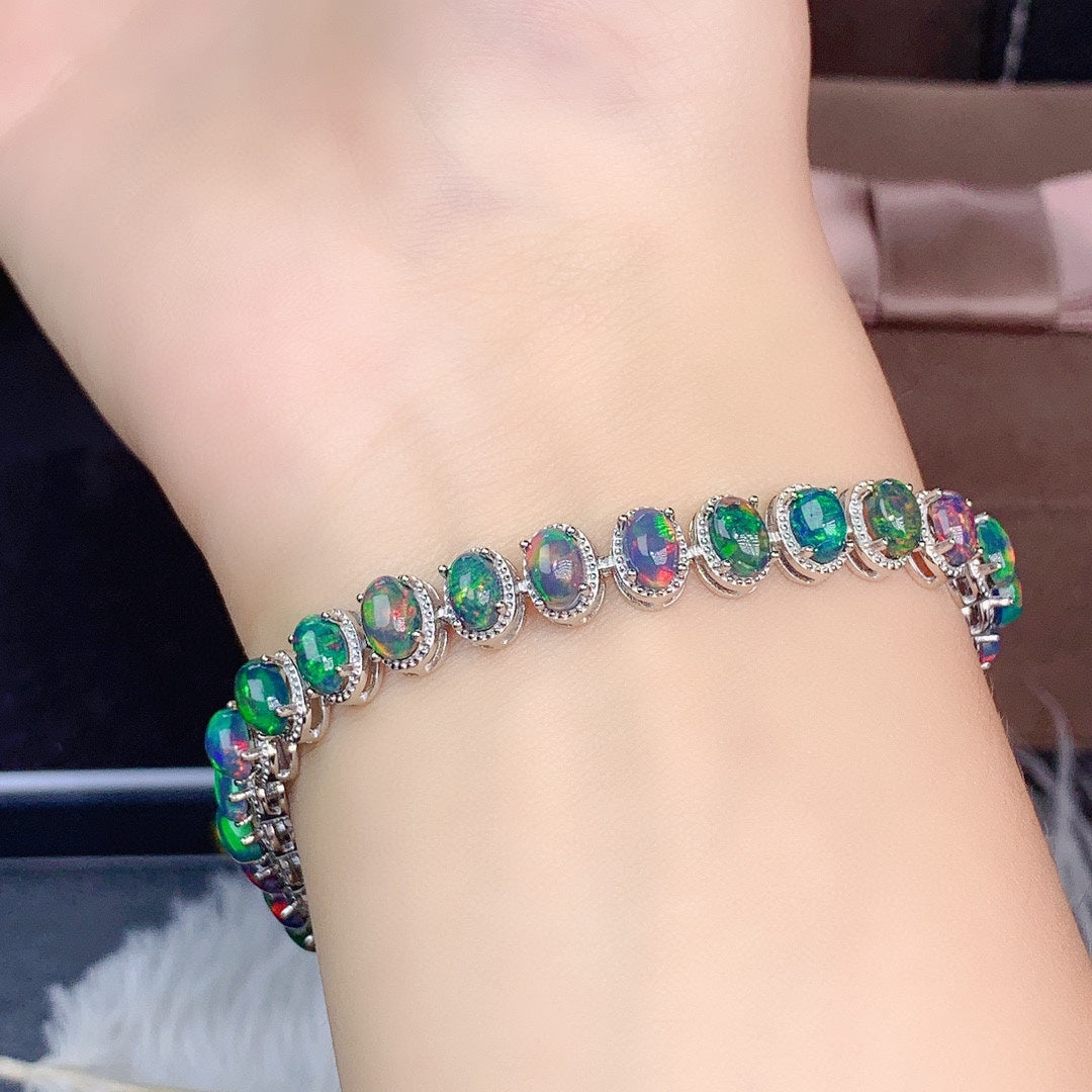 Natural Black Opal Tennis Bracelet in 925 Sterling Silver – Iridescent Fire