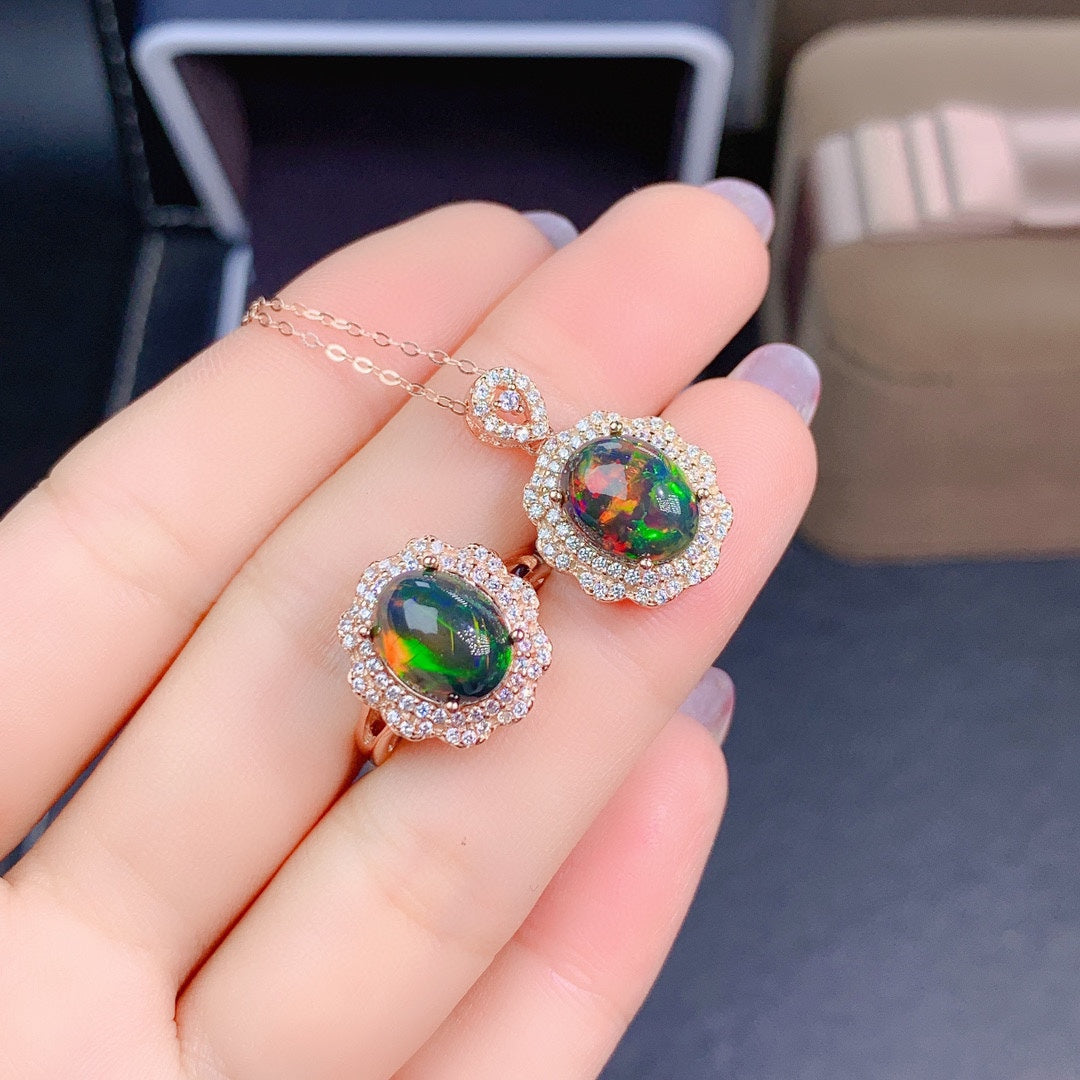 Natural Colorful Black Opal Jewelry Set | Ring & Crystal Pendant