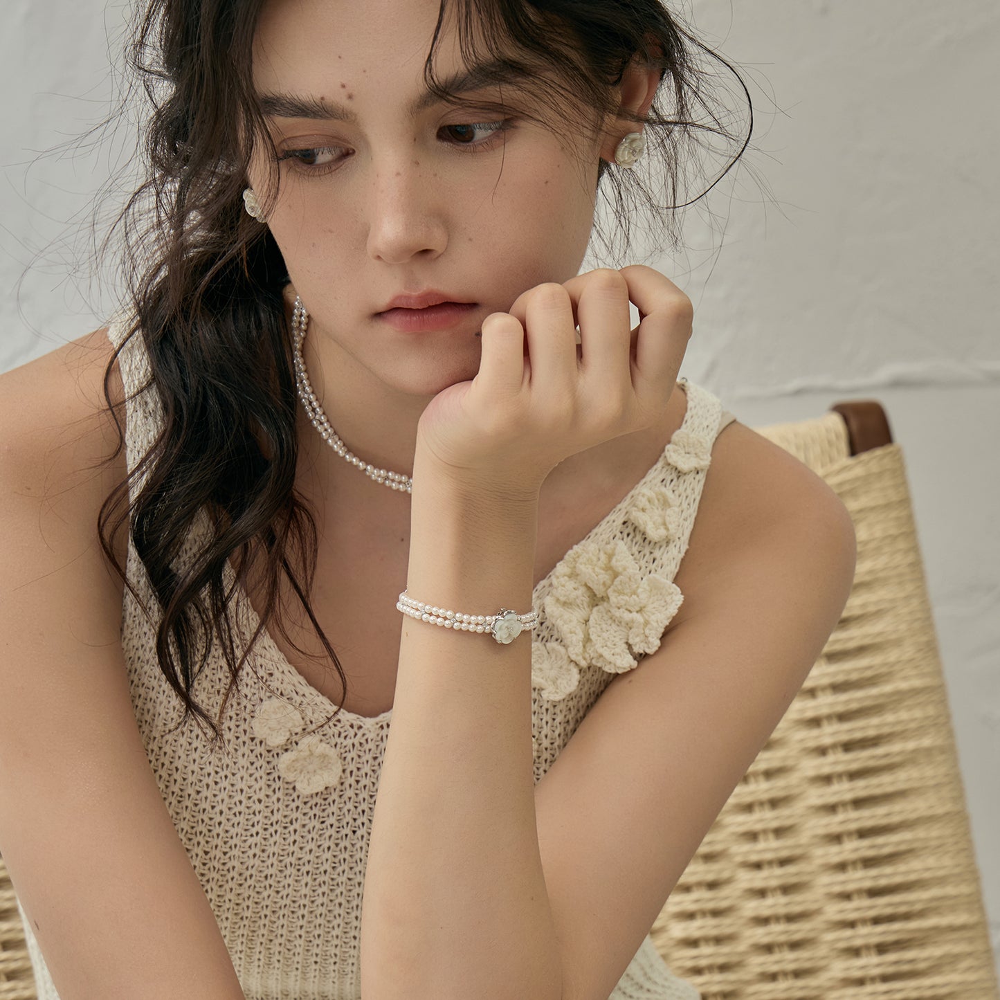 Moon Shadow Camellia Bracelet – Elegant Double Strand Floral Design