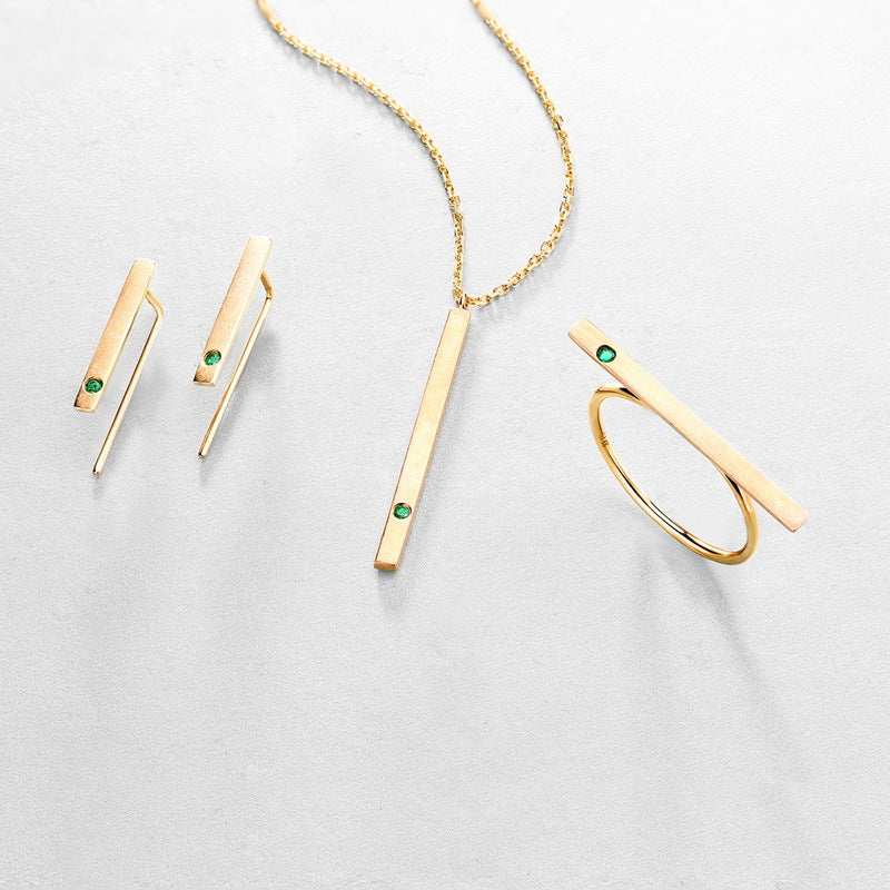 Natural Emerald 14K Gold Minimalist Bar Earrings | Thin Modern Fine Jewelry